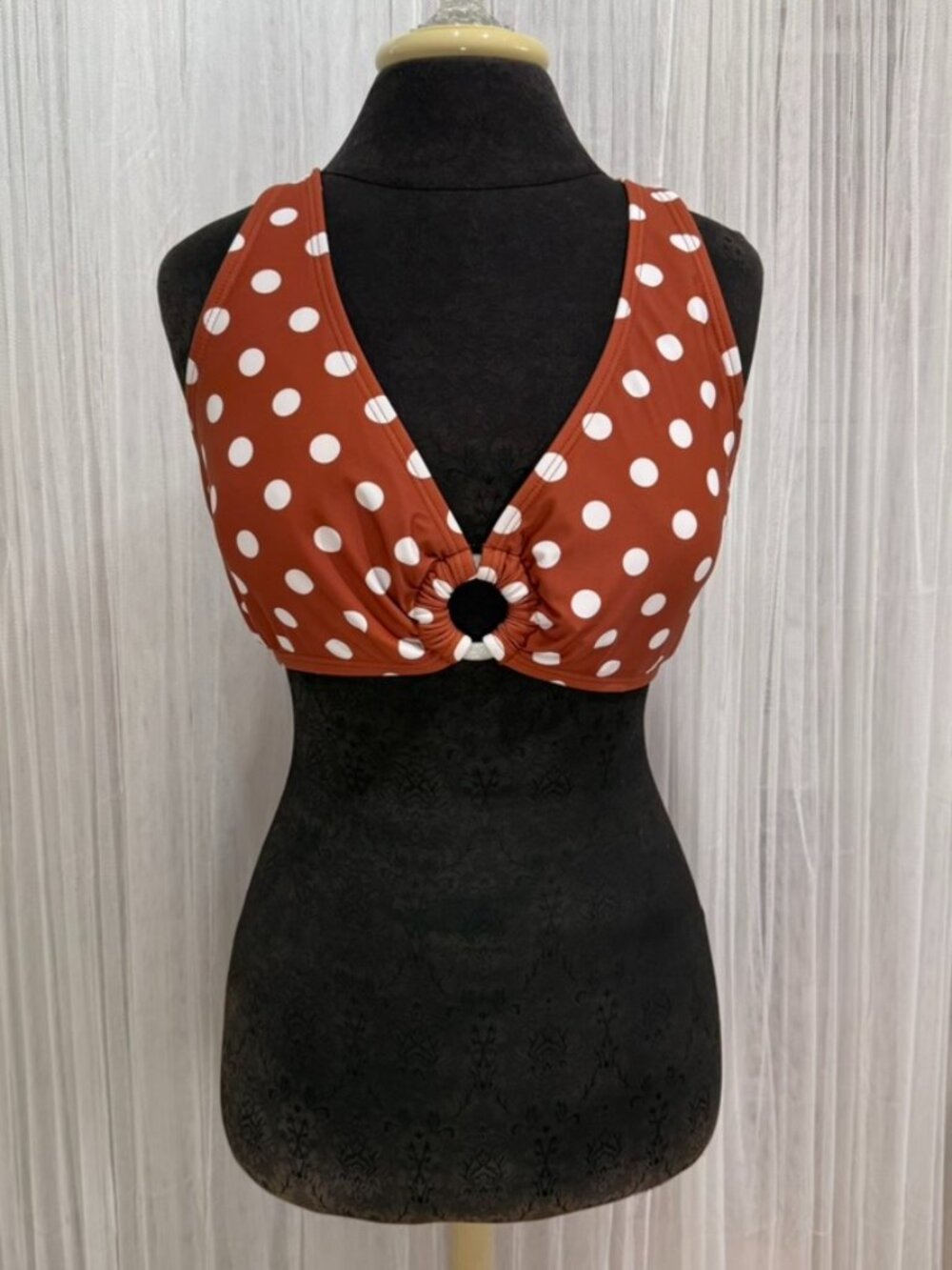 Unique Vintage Swim Women’s XL Polka Dot Bikini Top Retro Pin Up Brown White